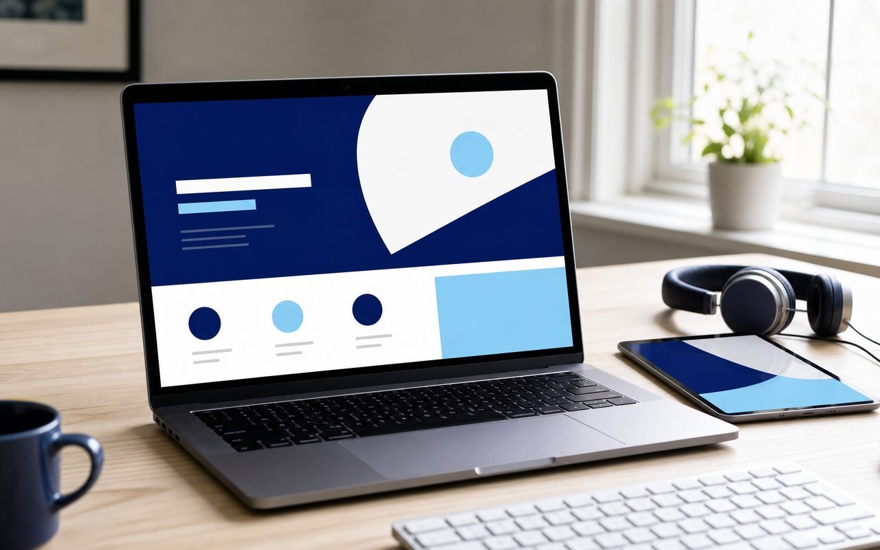 Portátil con una web de alto contraste, teclado y auriculares sobre una mesa: accesibilidad web para pymes