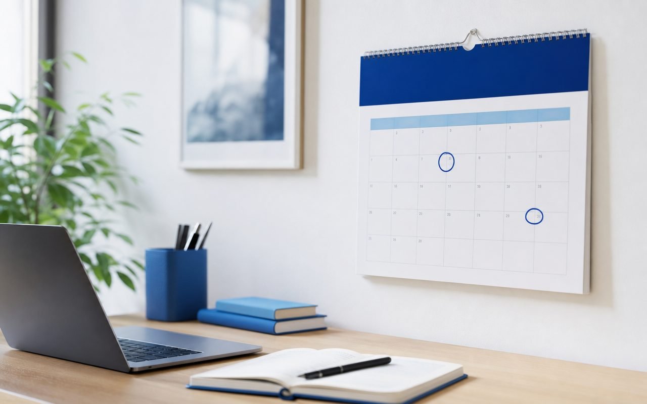 Calendario de pared con dos fechas marcadas en azul sobre una mesa de trabajo